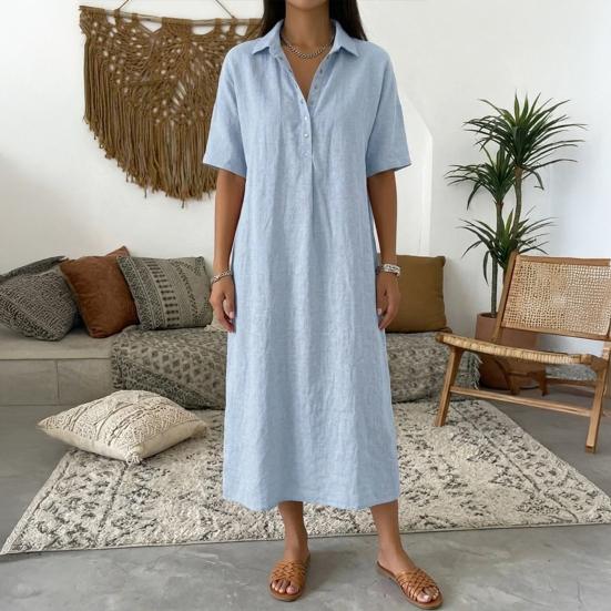 Abito estivo in cotone e lino da donna, manica corta, bottoni, colletto, midi, casual, svasato, linea ad A, ampio, da vacanza