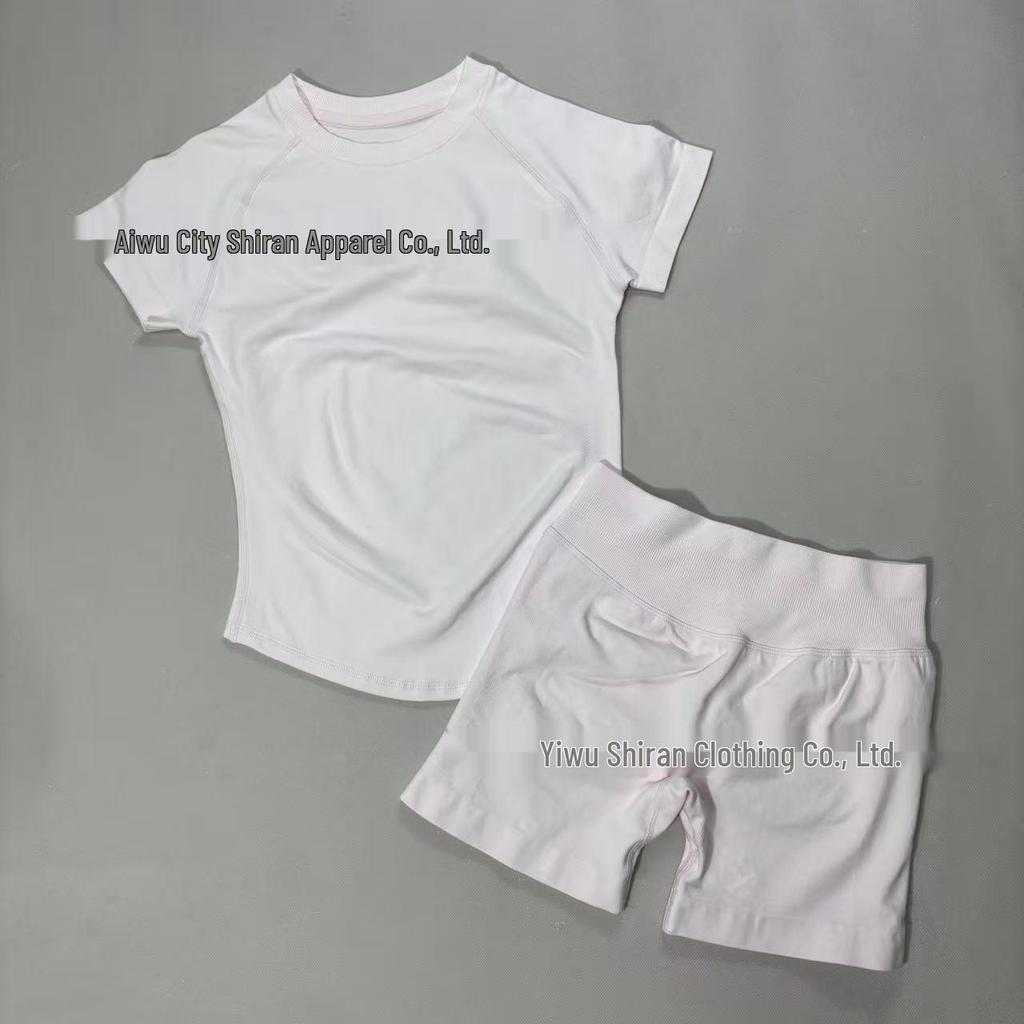 Damen nahtloses kurzärmeliges Sportset mit hoher Elastizität und atmungsaktivem schweißableitendem T-Shirt
