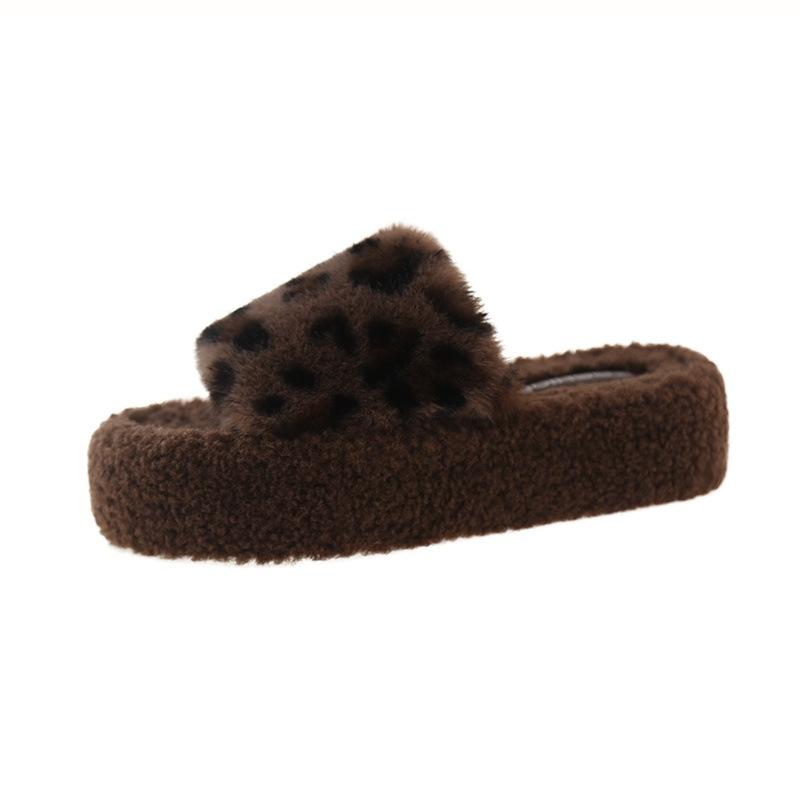 Large size women's shoes 41 to 43 fat feet platform fluffy shoes women wear fashion leopard print home one-word cotton slippers in autumn and winter