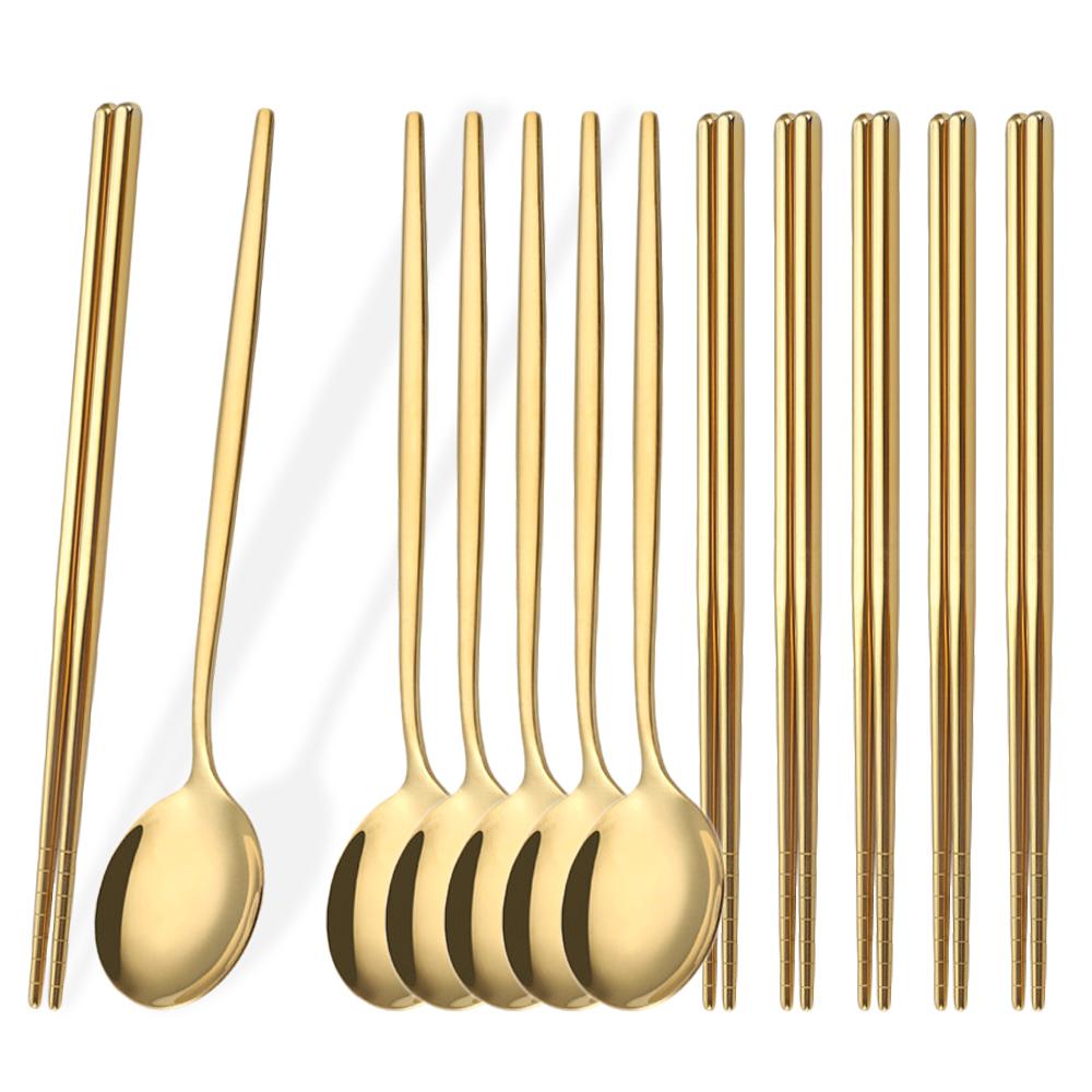 12Pcs Household Black Gold Cutlery Set Flatware Chopsticks Spoon Stainless Steel Dinnerware Set Luxury Korean Tableware Set