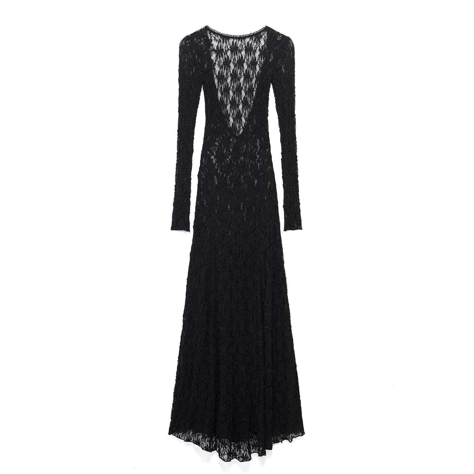 

TAOP&ZA Spring/Summer Women s Black Lace Deep V-Neck Long Dress Medium