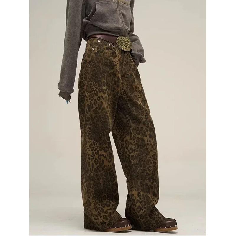 Tan Leopard Jeans Women Denim Pants Female Oversize Wide Leg Trousers Streetwear Hip Hop Vintage Clothes Loose Casual
