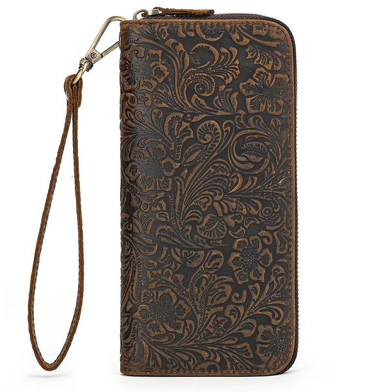 Men'S Crazy Horse Leather Wallet Retro Embossed Fashion Long Wallet Leather Zipper Clutch Multi-Card Mobile Phone Money