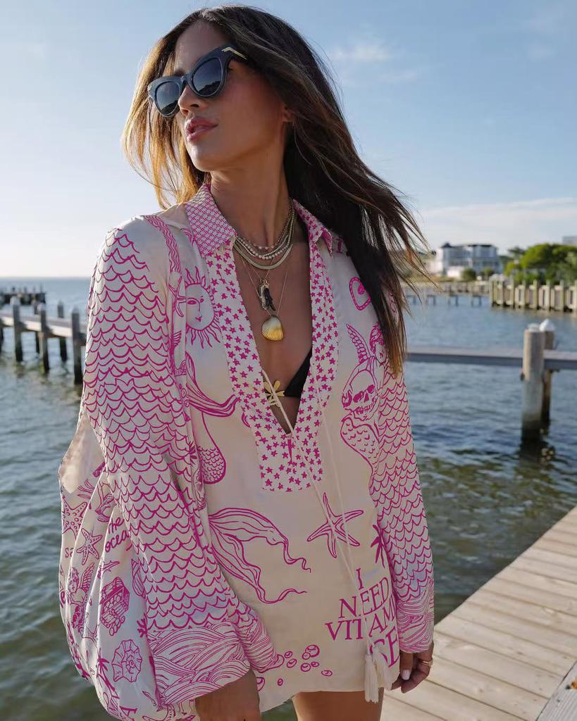Kimono de Manga Larga con Cuello en V Holgado para Mujer, Cubre Traje de Playa con Estampado Tropical