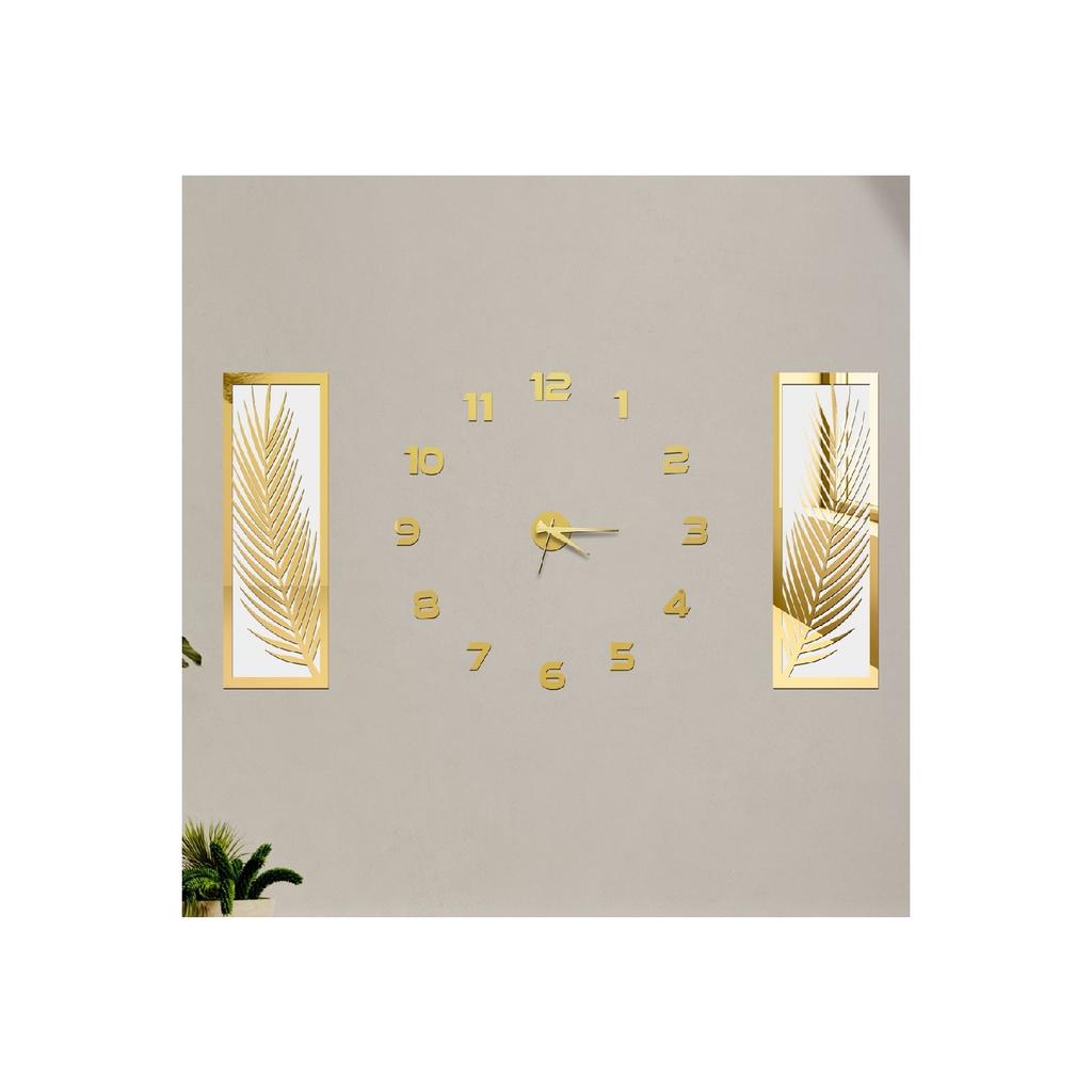 3 Piece Wall Clock Set, Acrylic Plexiglass Mirrored Palm Leaves And Roman R. Clock