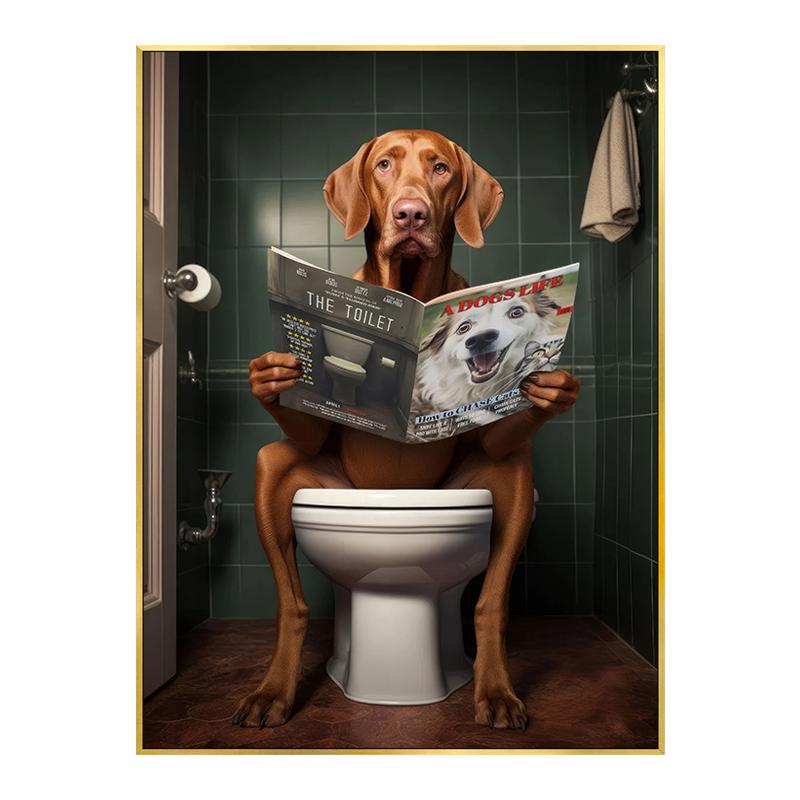 Zabawny plakat z krową szkocką, szympansem i psem Dekoracja toalety łazienki Zwierzę czytające gazetę Obraz na płótnie Sztuka ścienna Obrazy Dekoracja domu