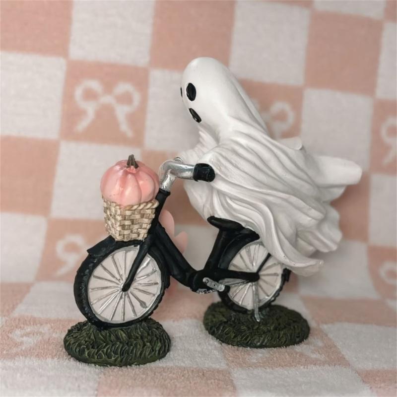Ghostly Riding on Bicycles with Pumpkin Figurine Sculpture Indoor and Outdoor Resins Ornament Halloween Party Decoration