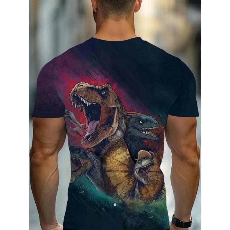 Men's 3D Dinosaur Printed T-shirt Casual Short Sleeved Round Neck Breathable Polyester Fabric Summer Style