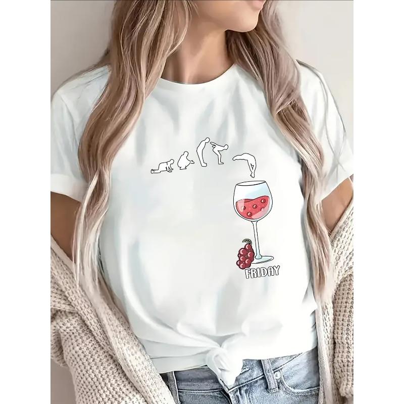 

Легкая и прочная футболка с коротким рукавом с изображением бокала вина и графикой эволюции, идеально подходит для повседневных выходов дома, в ресторанах или в офисе S белый