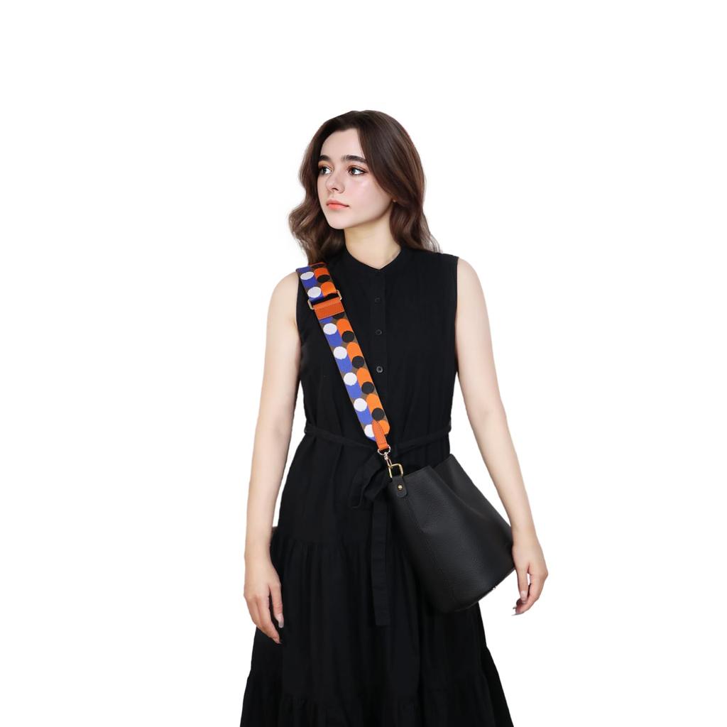 [DDBody] Genuine Leather Shoulder Strap, Single Shoulder Strap for Bags, Embroidered, Thick, Stylish, Original Design for Women (OrangeBlue Polka