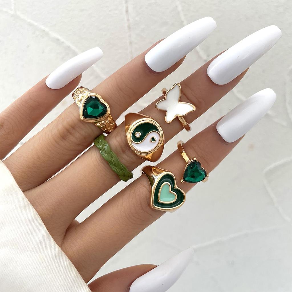 Bohemia Colorful Enamel Kunckle Ring Set For Women Crystal Heart Butterfly Flower Resin Finger Ring Female Fashion Jewelry