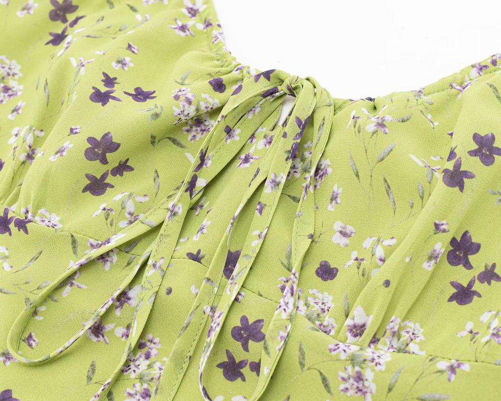 French Retro Green Floral V-Neck Cinched Waist Maxi Dress