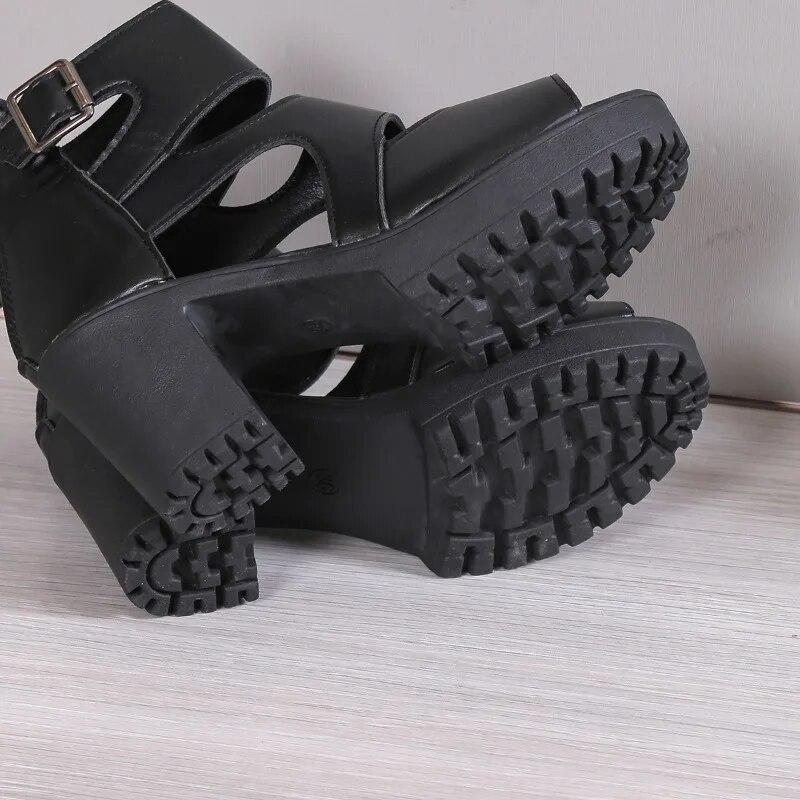 High Heel Sandals Female Gladiator Sexy Black Square Buckle Chunky Heel Platform Shoes Summer Back Zipper Women's Sandals