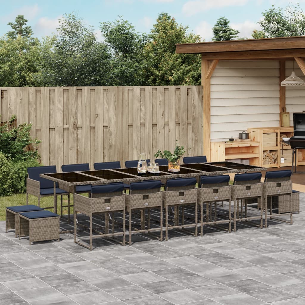 17 Piece Outdoor Dining Set with Cushions Gray Poly Rattan
