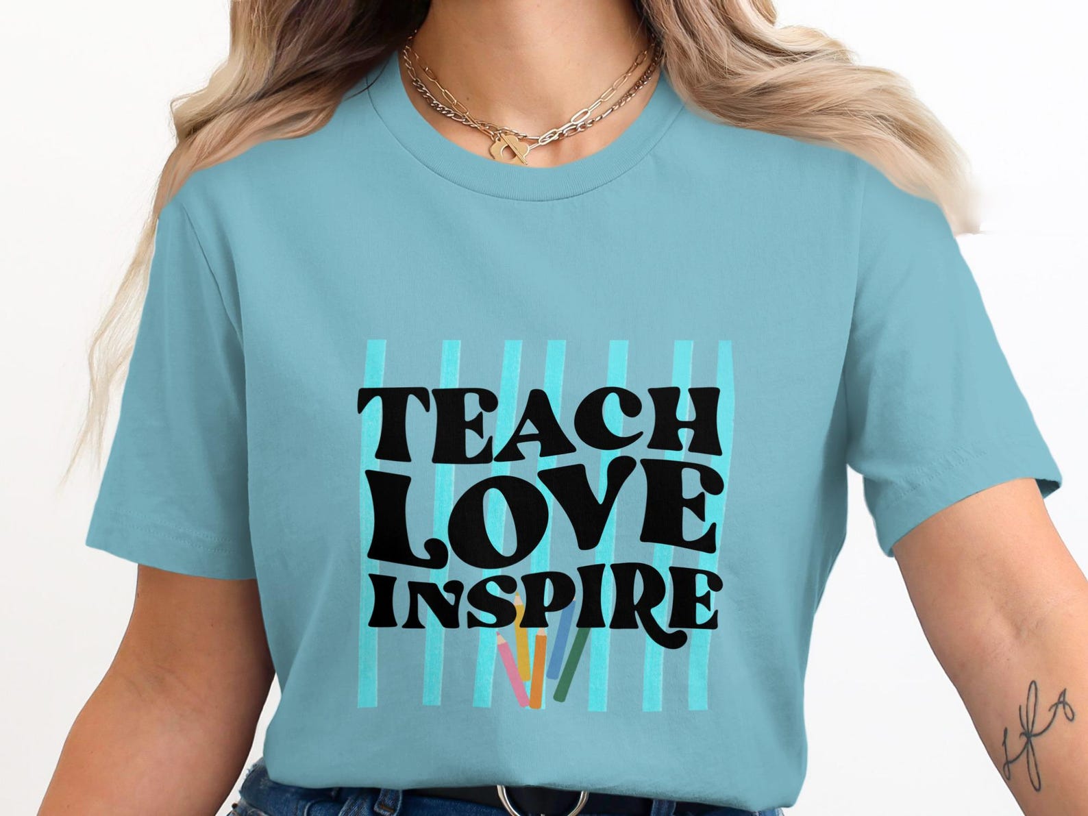 Retro Teach Love Inspire T-Shirt, Colorful Pencils Teacher Tee 2XL