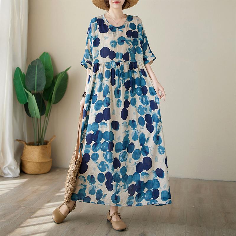 

DIMANAF Женское повседневное богемное платье больших размеров в горошек, новинка 2024 года, летнее длинное базовое синее платье в горошек большого размера One Size синий