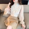 Fashion New 2024 Autumn Long Sleeve Stand Collar Casual Ruffles Apricot Chiffon Blouse Shirt Women Tops Blouses Shirts J462