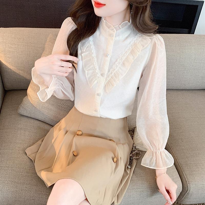 Fashion New 2024 Autumn Long Sleeve Stand Collar Casual Ruffles Apricot Chiffon Blouse Shirt Women Tops Blouses Shirts J462
