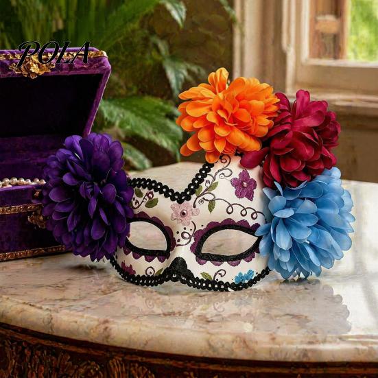 Breathable Skull Face Masque Halloween Masquerade Masque, Flower Mexican Day of The Dead Comfortable Eye Cushion for Costume, Fancy Dress, Cosplay