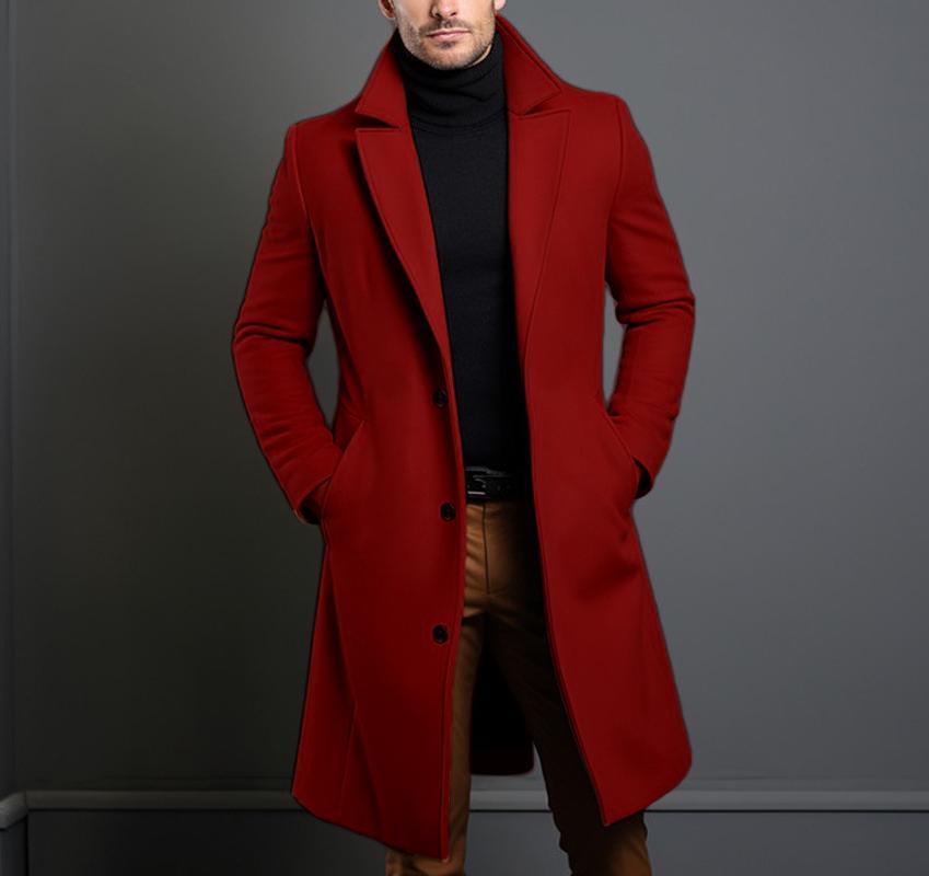 Men's Mid-Length Solid Color Woolen Coat - Warm Autumn/Winter Jacket