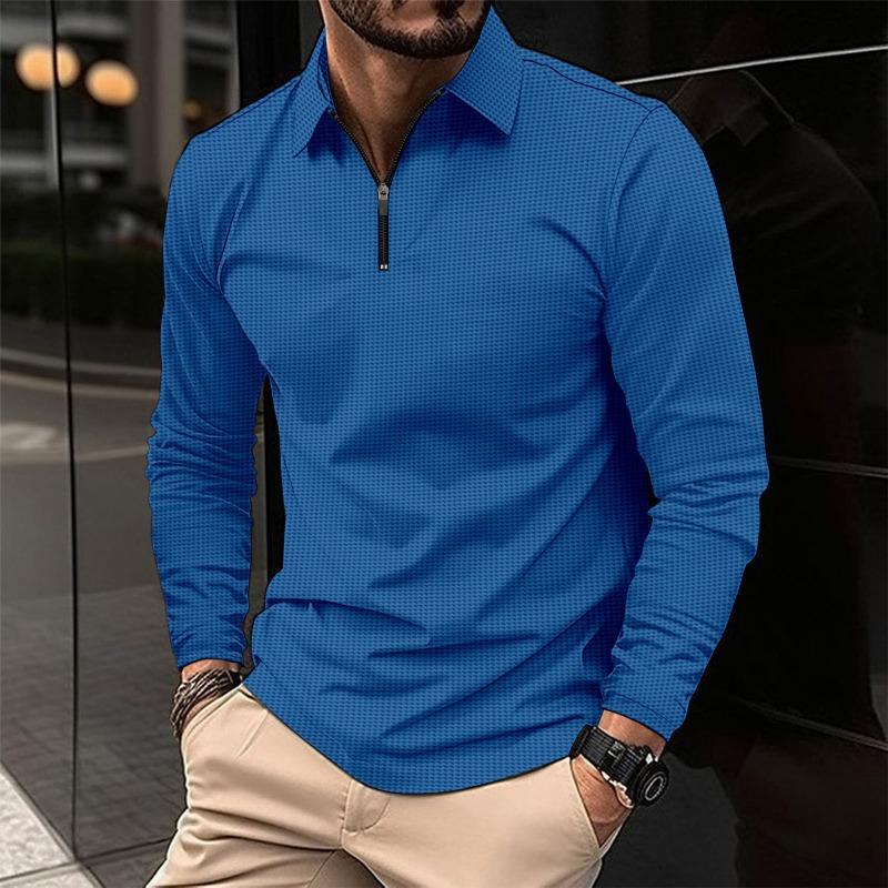 Mens Long Sleeve Solid Color Waffle Knit Polo Shirt