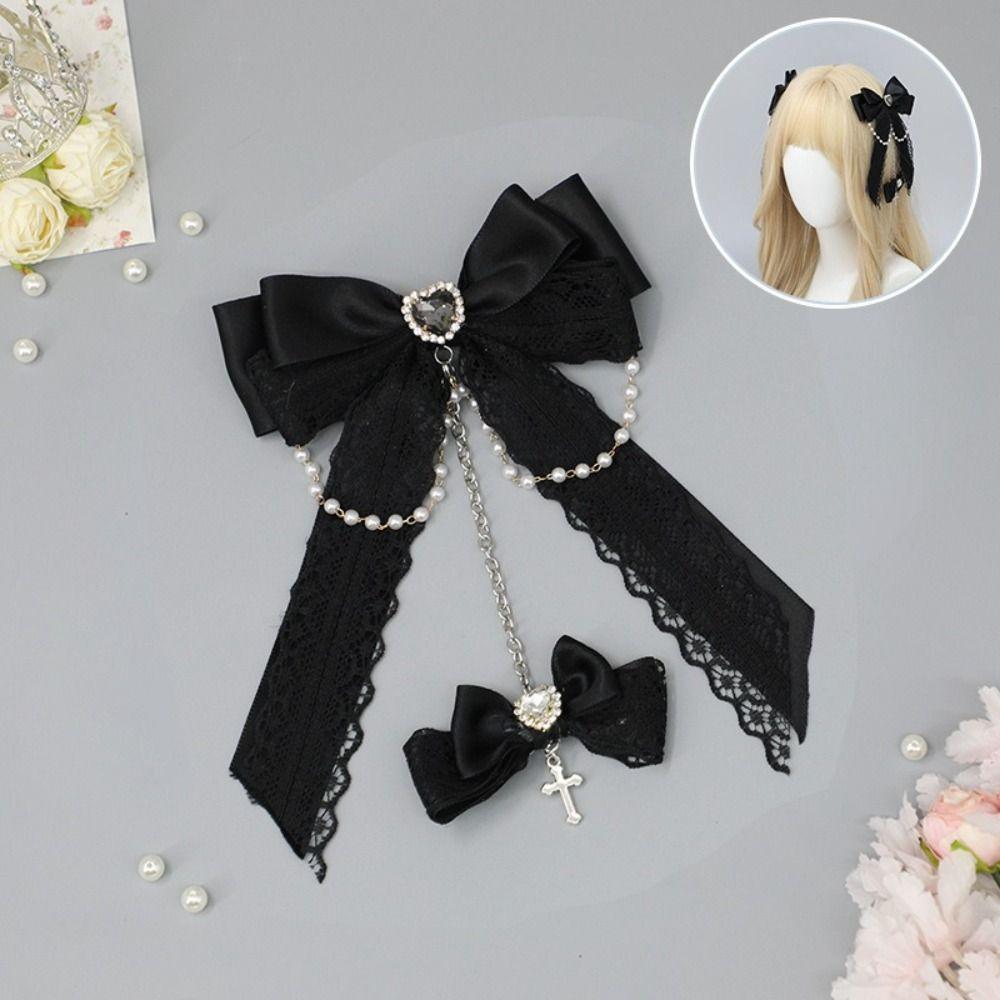 Chain Detail Lace Bow Hair Clips Rhinestone Decoration Side Barrettes Hair Clip  Punk Style