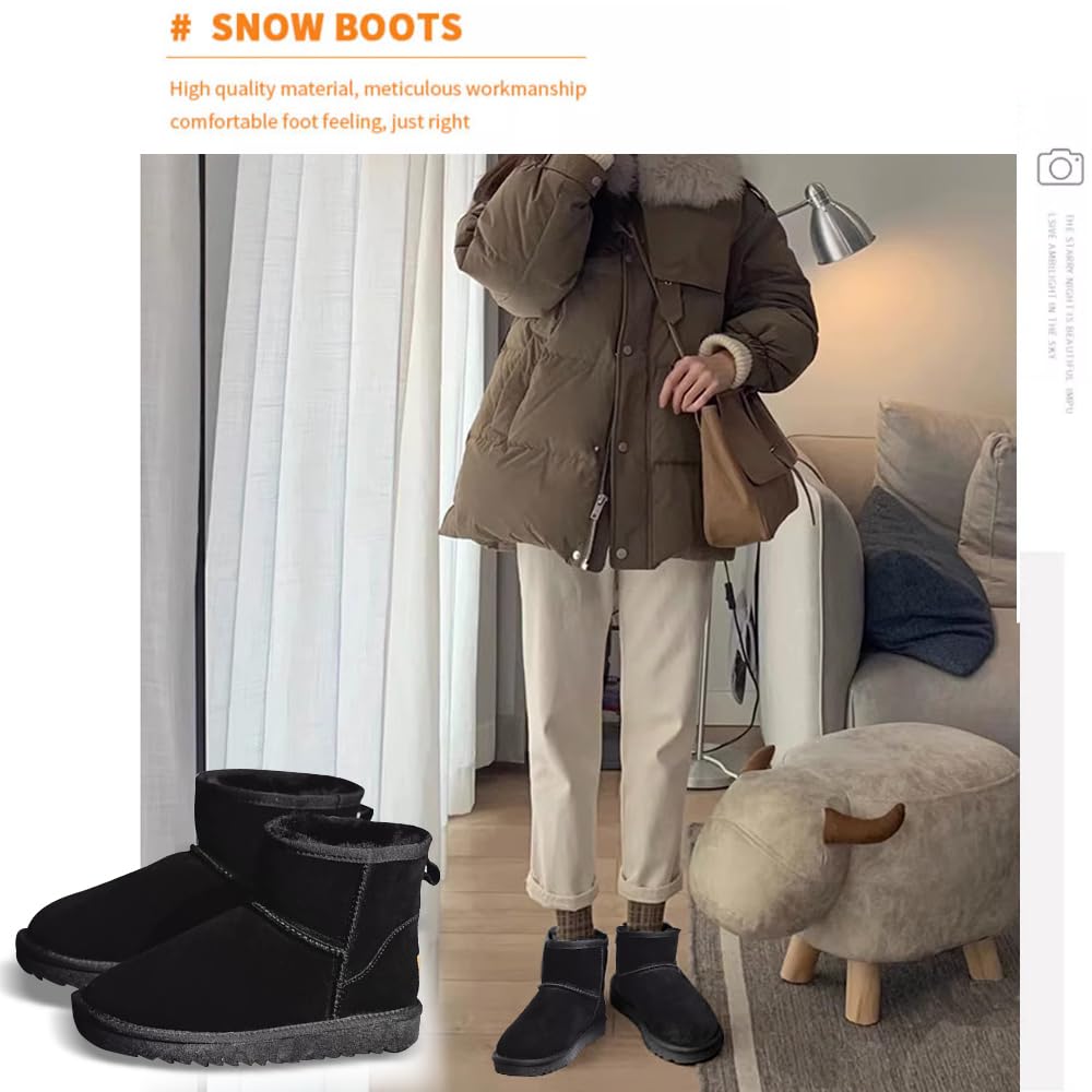 Sheepskin Genuine Cowhide and Sheep Short Boots with Warm Fur Fluffy Waterproof and A11 [N Gaji] Women's Boots, Fur, Lining, Non-Slip Sole, (Black,