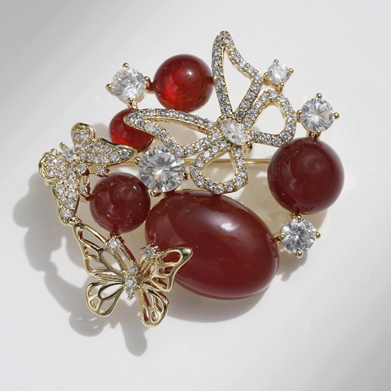 Elegant Red Agate Zircon Butterfly Brooch - Vintage French Court Corsage for Women
