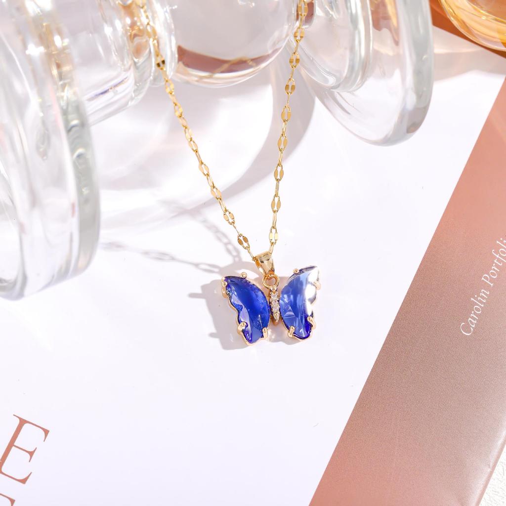 Iridescent Gradient Butterfly Necklace with Zirconia Rhinestones - Titanium Steel Clavicle Chain Pendant.