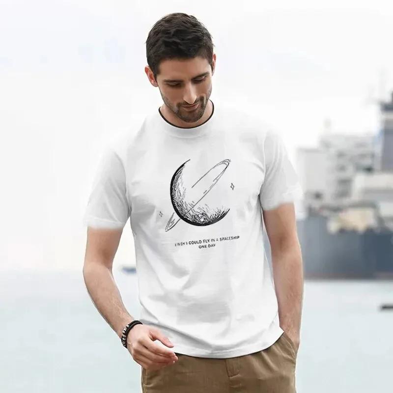 Summer New Solid Color Casual Short Sleeve Men T-Shirt Moon Letter Print T-shirt Hip Hop High Street Korean Style Oversized Tee