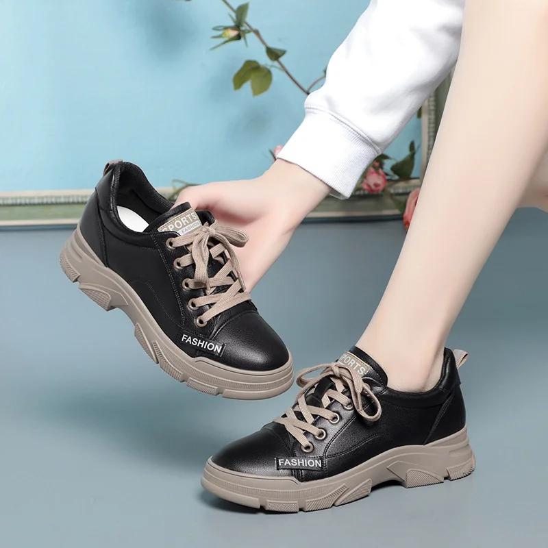 Fashion 2025 Spring Non-slip Soft Leather Sneaker Trekking Footwear New Women's Thick-soled Lace-up Leisure Skateboard Sports Shoes