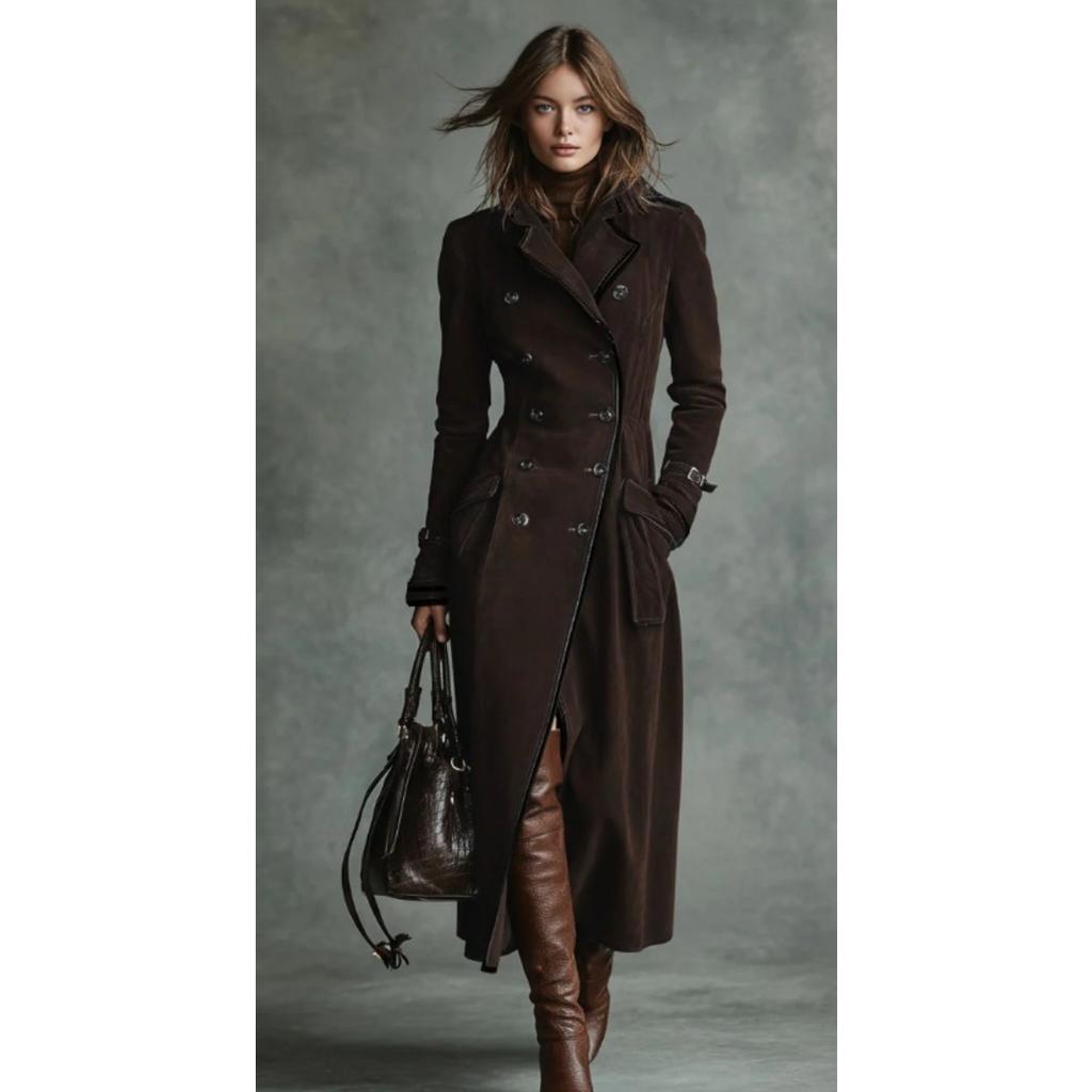 Women's Lapel Double Breasted Suede Long Sleeve Maxi Trench Coat