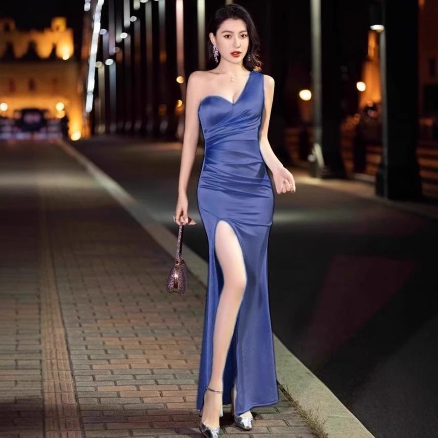 Single shoulder evening dress slim-fitting night wear spa technician night main store sexy split dress fishtail long
