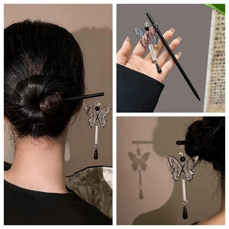 Retro Butterfly Hair Clips Chinese Style Calligraphy Butterfly Tassel Hairpin Women Wood Hair Sticks Chopstick Shaped Hairpin