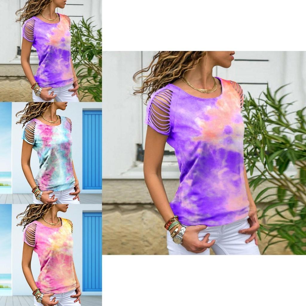 Damen Lebendige Batik-Print Oberteile Lässige Kurzarmbluse Perfekt für den Sommer