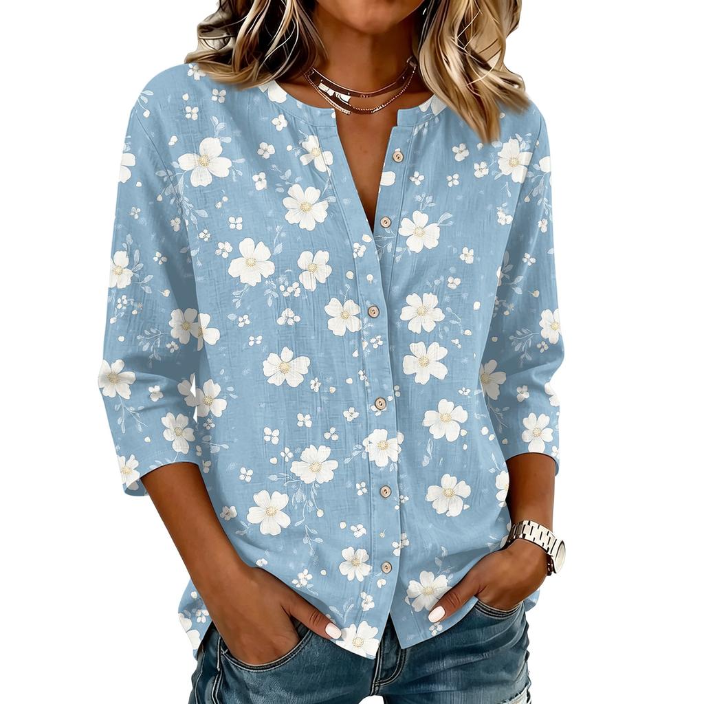 Camisa Vintage para Mujer con Estampado Floral, Cuello Henley con Botones, Manga Tres Cuartos, Blusa Casual de Algodón y Lino