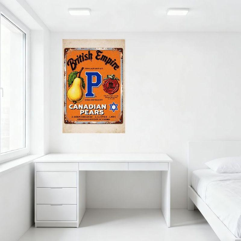 Vintage British Empire Canadian Pears Tin Sign Metal Wall Decor with Pear Graphic & Wax Seal, Old Style Advertising Sign for Bar