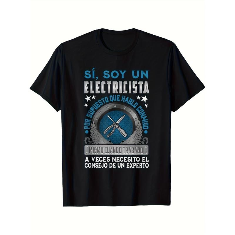 Men'S Funny Electrician T-Shirt - Spanish Humor "Yes I'm an Electrician" Slogan & Tools Graphic, Black Casual Short Sleeve Round Neck Tee, Machine