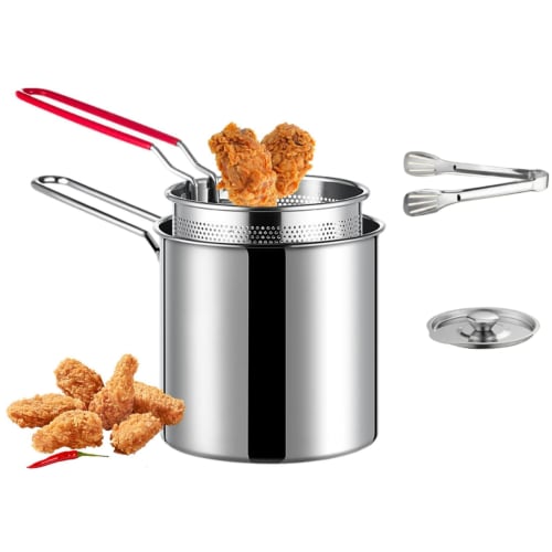 Deep-fryer, stainless steel mini frying pan with colander, oil-saving design, stainless steel lid, clip, anti-scalding, silicone-covered handle, splas