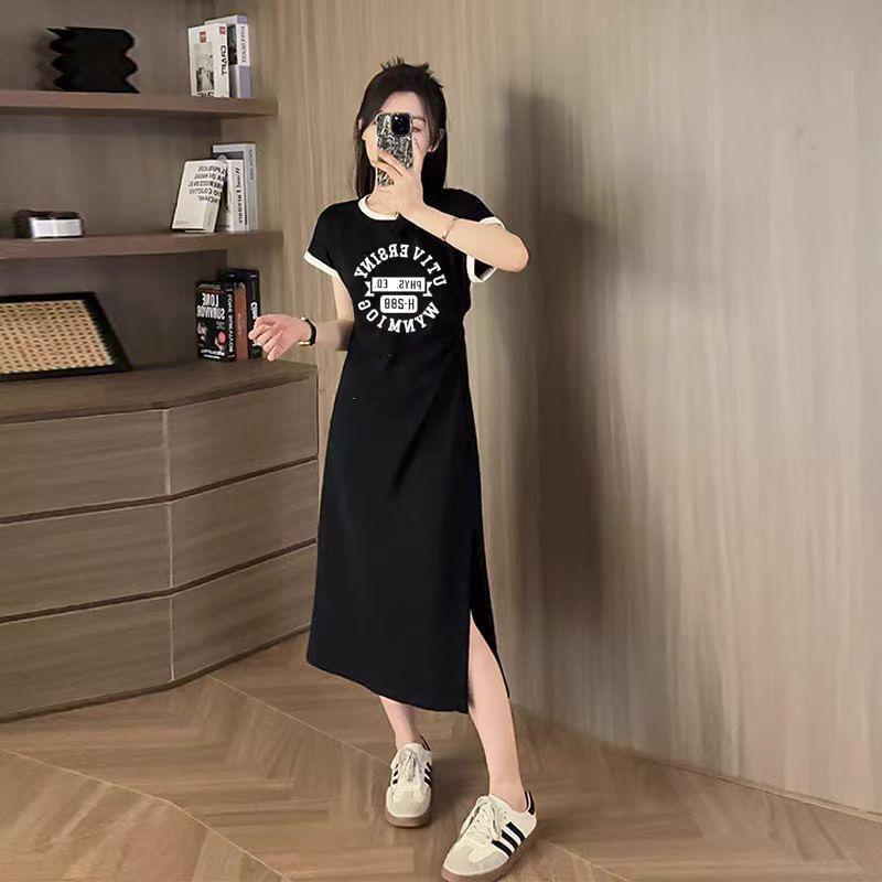 European summer dress women's ice silk thin letter printing split-ended long dress design sense short sleeves slim and thin home skirt