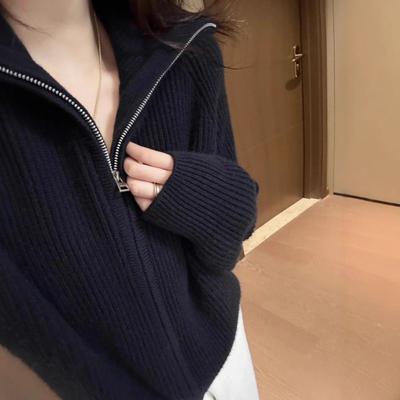 Navy Blue Zipper Knitted Cardigan Sweater Jacket Women's New Lazy Style High-end Winter Women