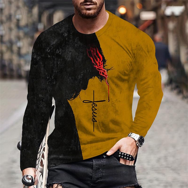 Cross Wings Pattern T-Shirt For Men Jesus Christ 3D Printed T Shirts Autumn Casual Long Sleeves Oversized Round Neck Tops Tees