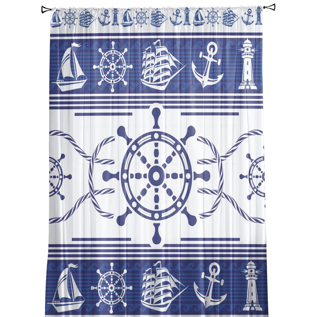 Rudder Anchor Blue Stripes Sheer Curtains for Living Room Decoration Window Curtains for Kitchen Tulle Voile Organza Curtains