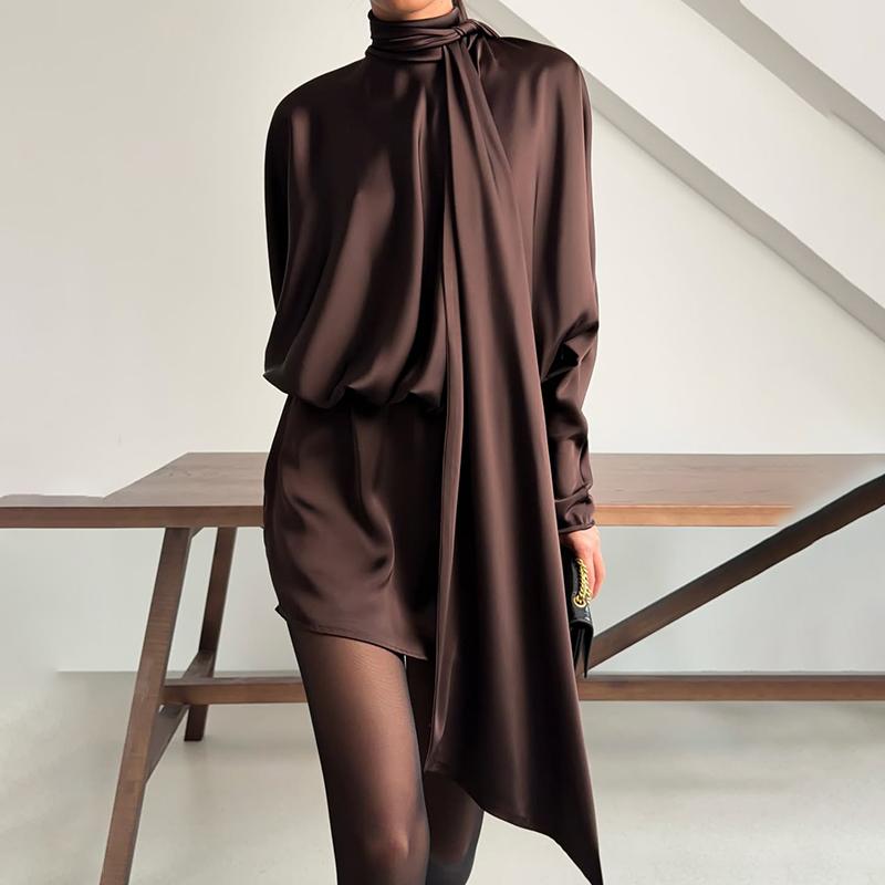 2026 Summer Satin Dress Women Blouse Dress Long Sleeve Casual Lace Up Party Mini Dress For Party Ladies Sexy Short Vestidos