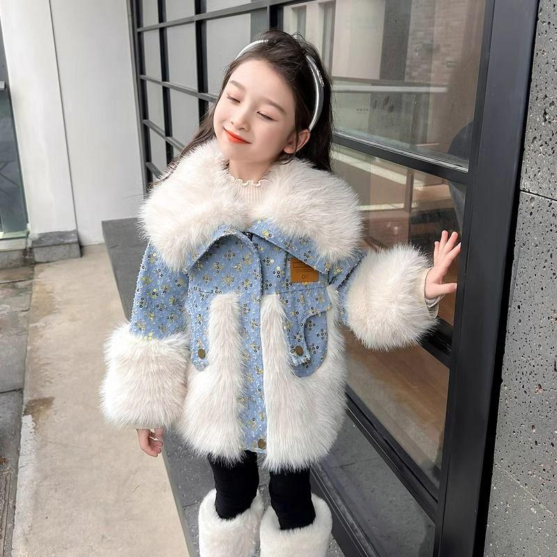 Girls' Fashionable Denim Fleece-lined Jacket - Autumn/Winter 2025 Faux Fur Coat for Children