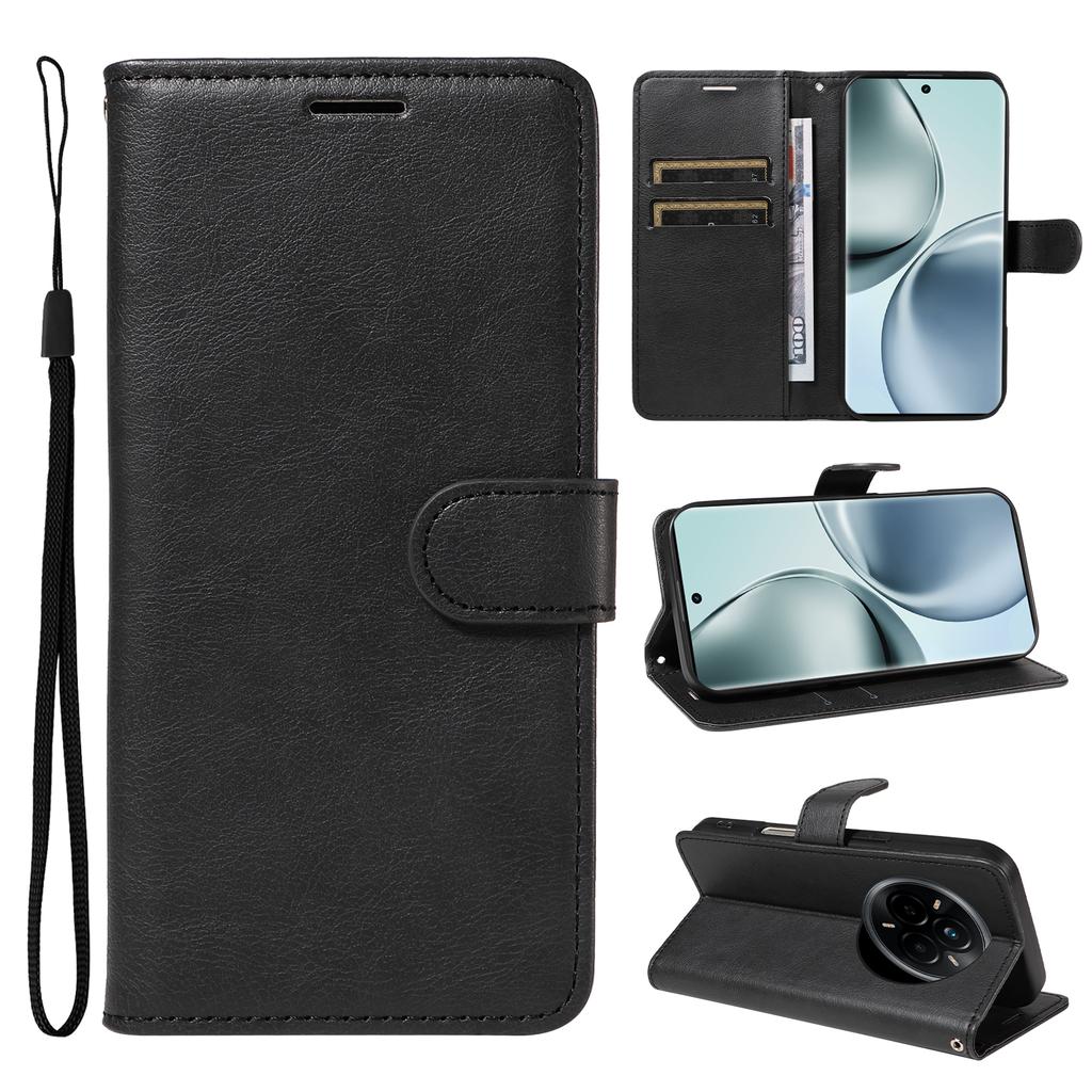 For Realme 14 Pro 5G Leather Wallet Case with Strap Solid Color Phone Stand Cover