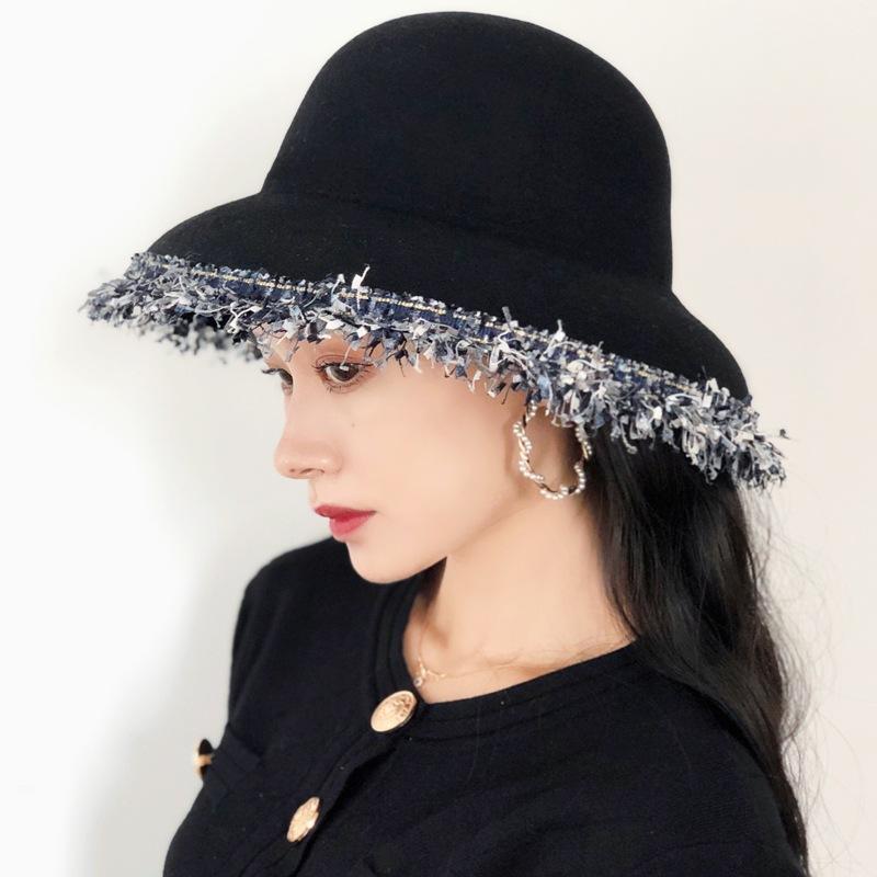 French Elegant Retro Rough Edge Black Woolen Bell-Shaped Basin Hat Female British Versatile Foreign Trade Felt Fisherman Top Hat