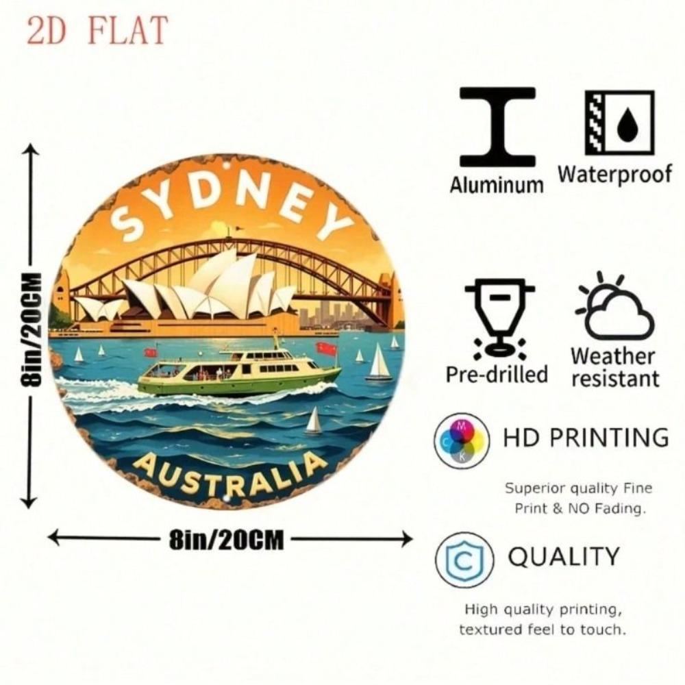 Round Aluminum Wall Art Sydney Harbour Opera House Sailboats 8 Inch Outdoor Indoor Decor