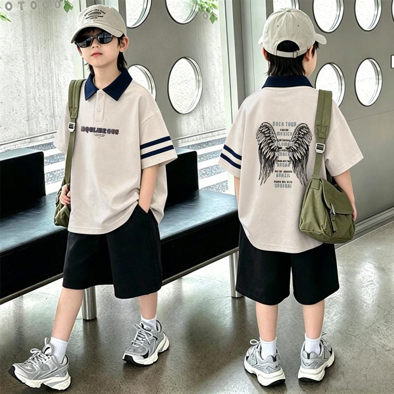 Boys' Korean Style Cotton Lapel T-Shirt & Shorts Set - Summer Casual Two-Piece Outfit for Medium and Large Children
