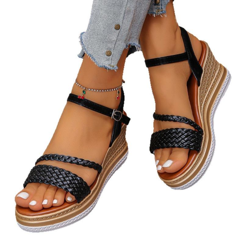 Wedge heel leather sandals summer new buckle high heel thick sole heightening casual sandals